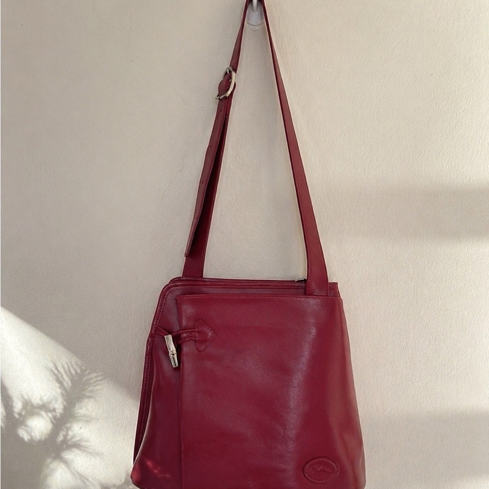 Longchamp Red Leather Shoulder Bag Vintage Classic Adjustable Strap